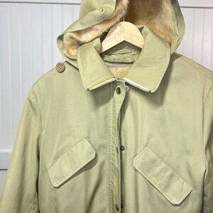 Vintage Khaki Tan Parka Coat Jacket Sherpa Lined Drawstring Waist Pockets Size M